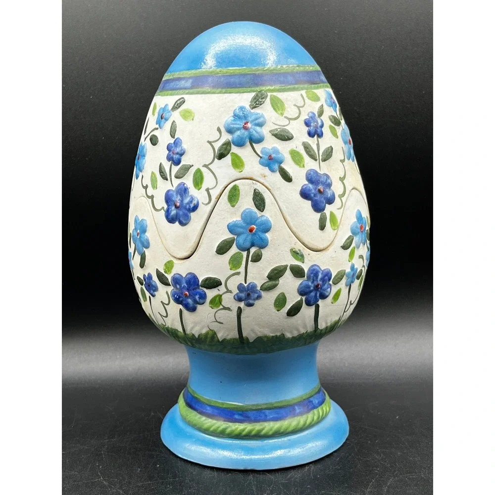 Vtg Hand Painted Ceramic Floral Pedestal Egg Small Taper Candle Holder Blue  8